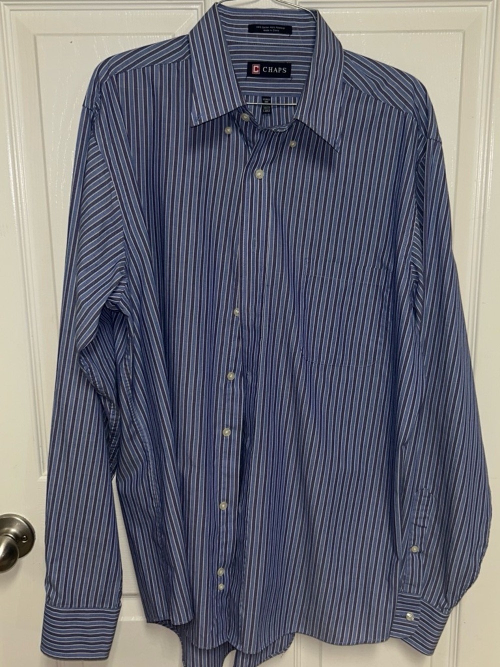 Chaps Men’s Blue and White Striped Button-Down Dress Shirt
